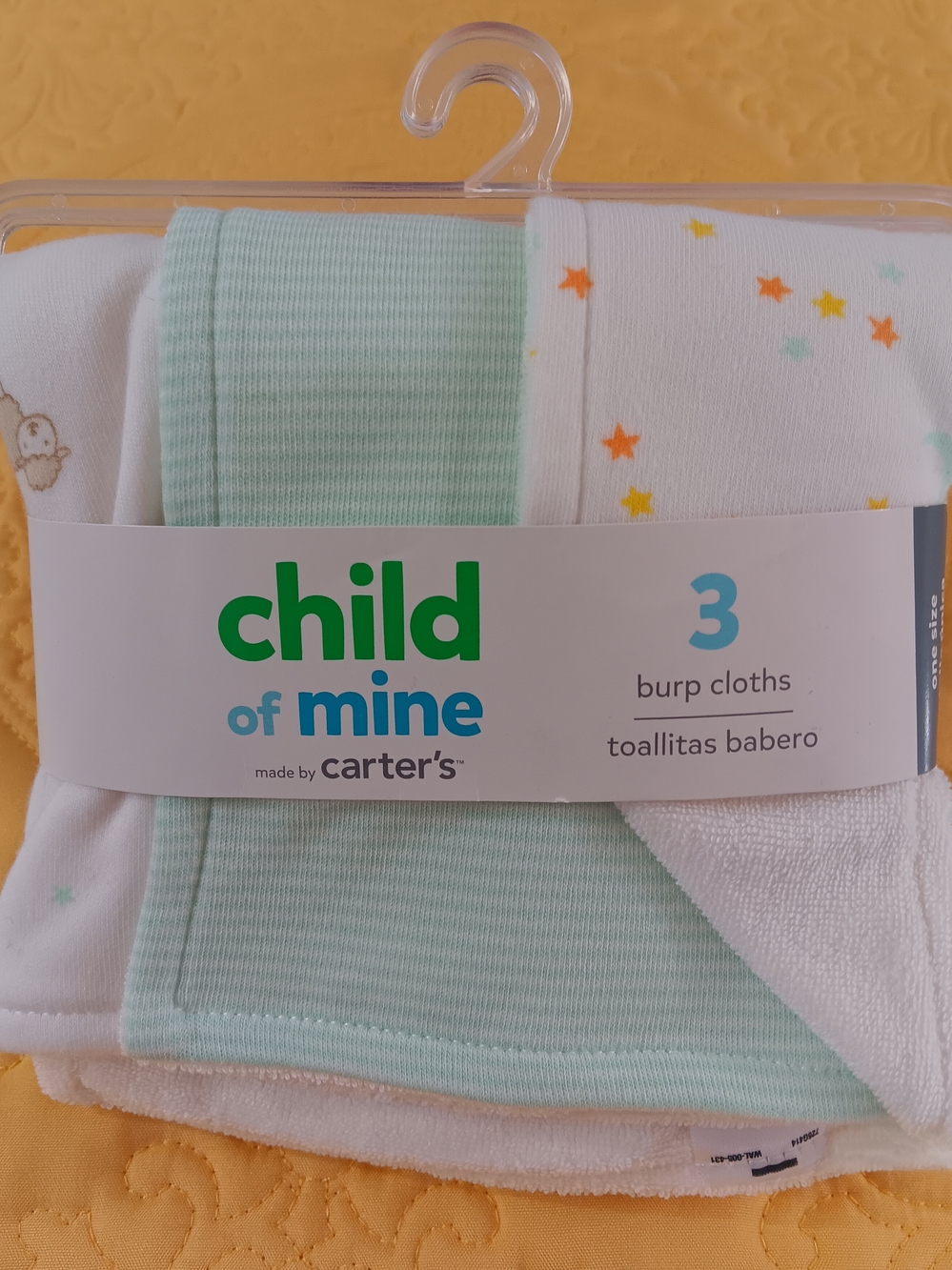 Carter's Child of Mine Mint Green Stars Lambs Burp Cloths-3 Pack New (16" X 9")